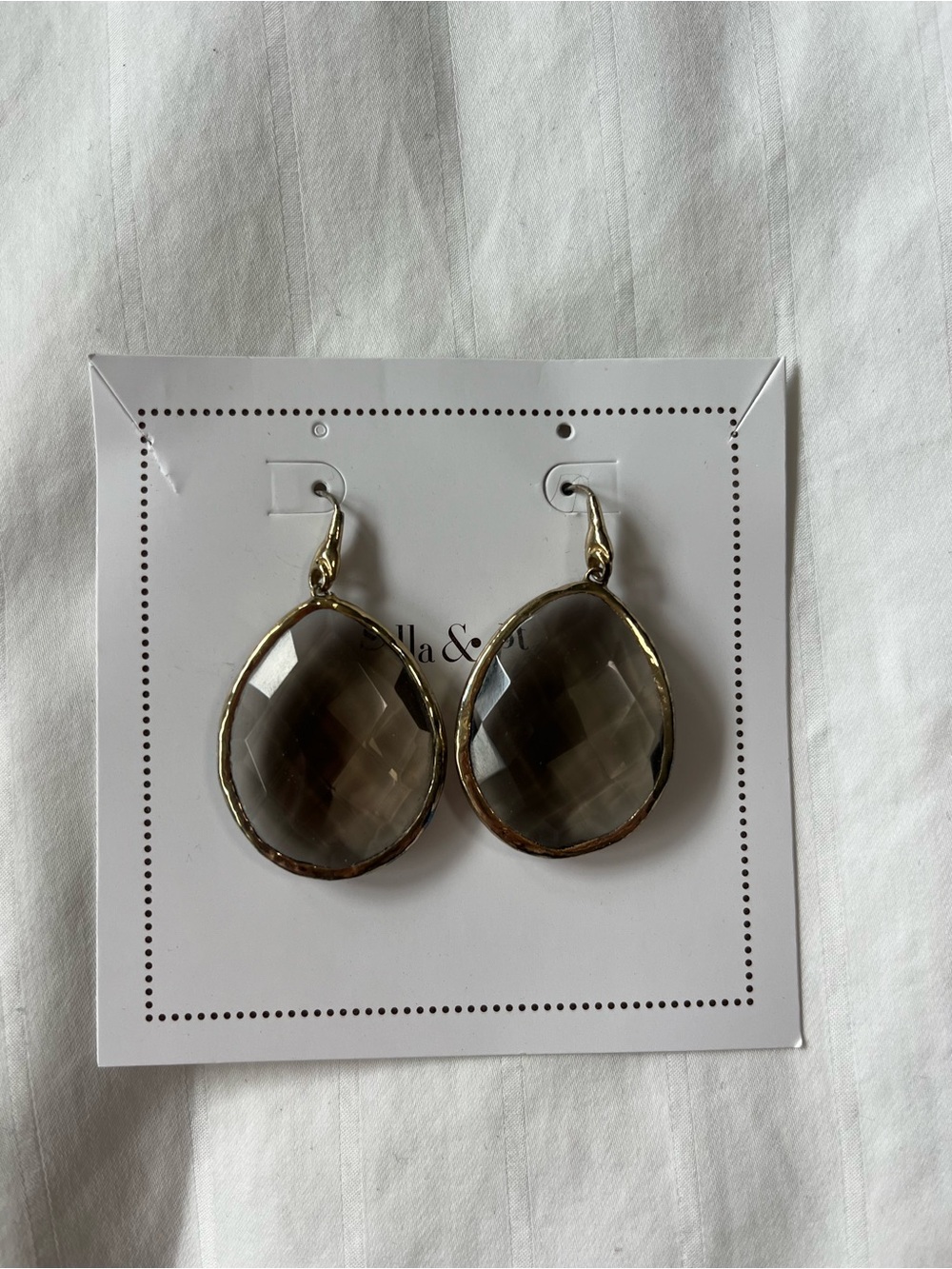 Stella & Dot Smoky Gray Teardrop Earrings with Gold Trim - Picture 2 of 4